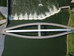 Aerial view of Iowa Women of Achievement Bridge in Des Moines