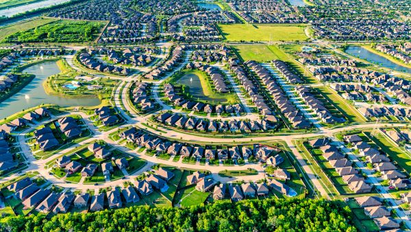 Aerial view of suburban housing