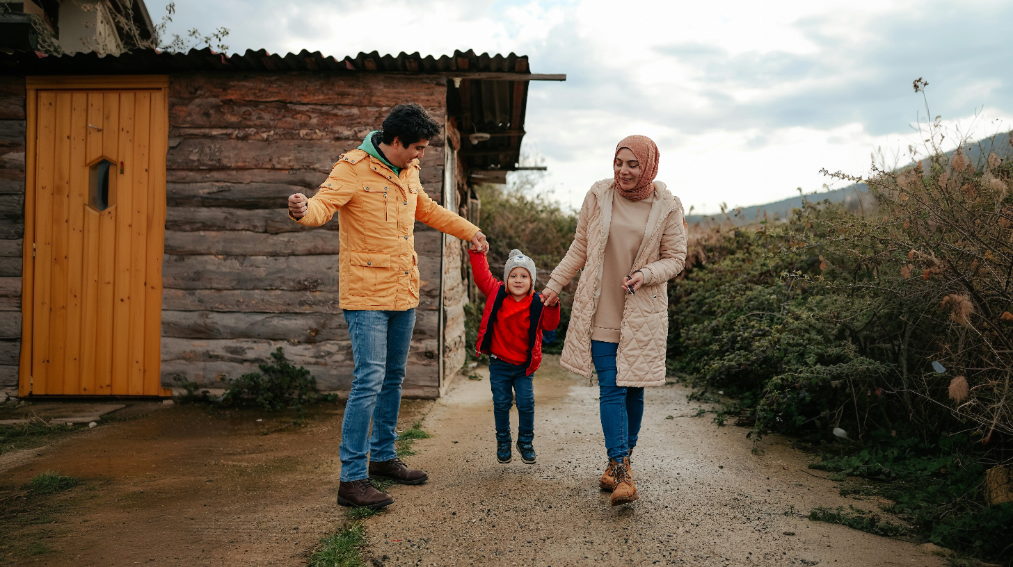 Couple holding a child in front of a house