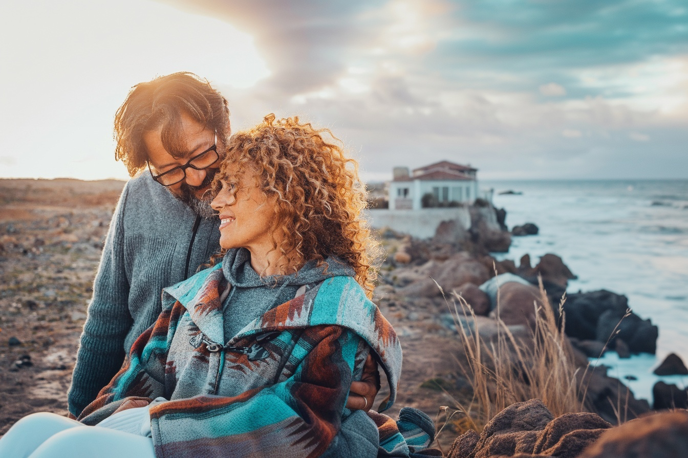 2 people hugging at the beach